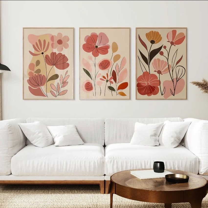 Modern Abstract Pink Floral Wall Frame Set of 3