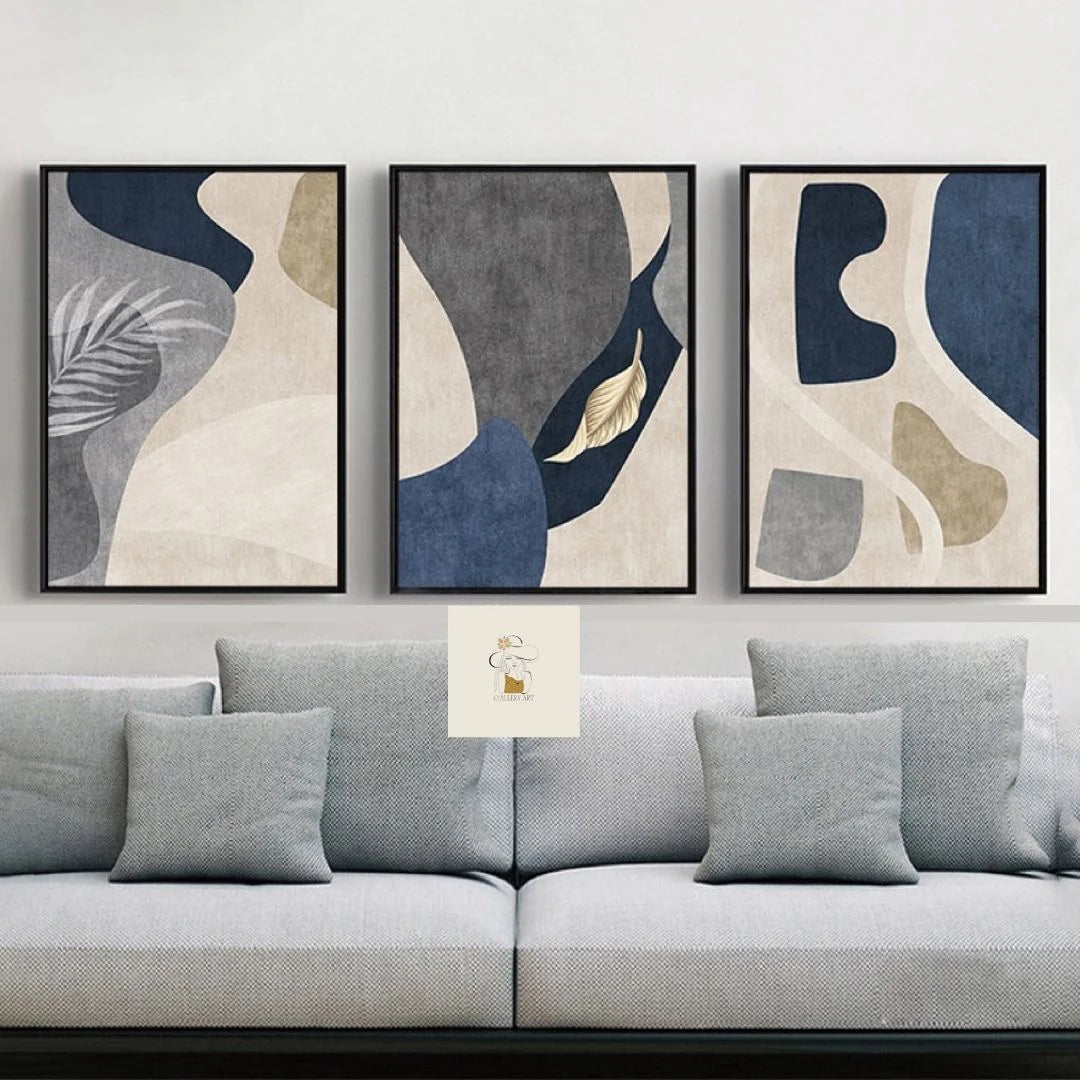 Modern Navy Blue Abstract Wall Art Set of 3
