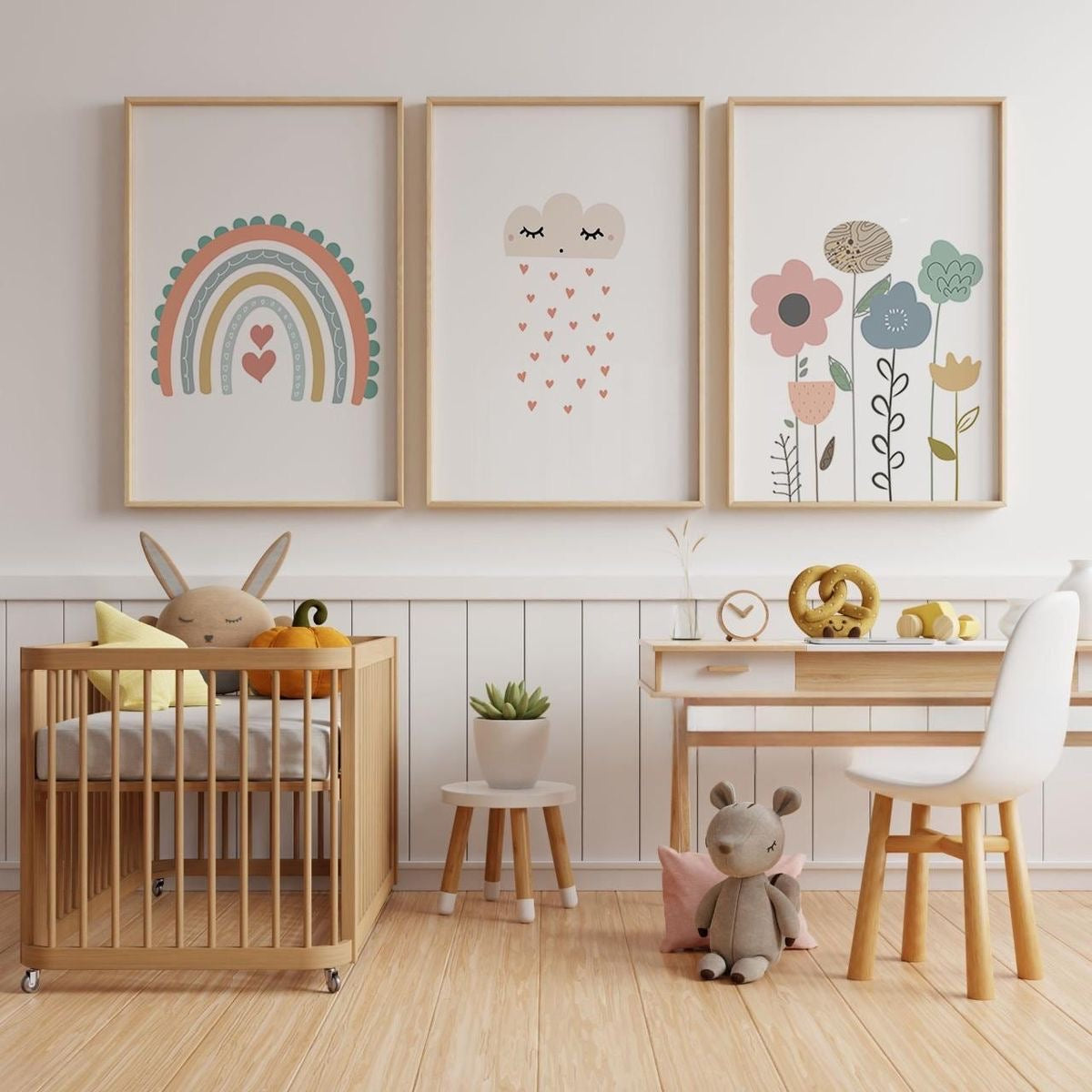 Pastel Rainbow & Floral Nursery Wall Art Set of 3