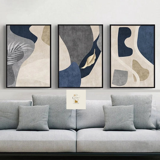 Modern Navy Blue Abstract Wall Art Set of 3